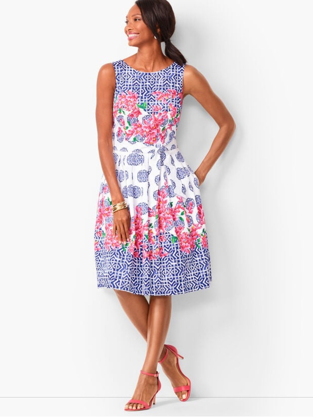 Talbots Mosaic Blue Red Floral Print Cotton Dress Pockets Garden Party Size 16